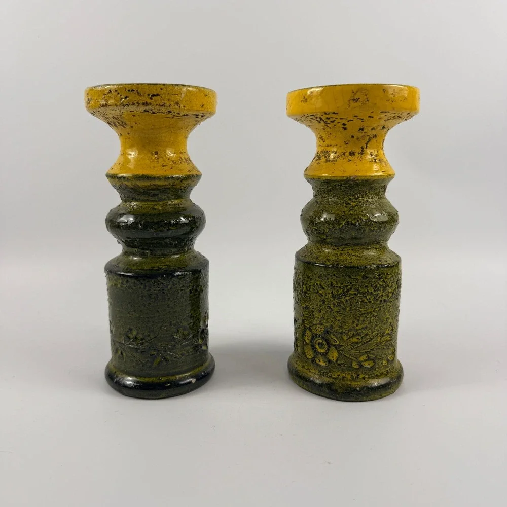 Bitossi Rosenthal Netter Italian Pottery Candle Holders Green Yellow Pair